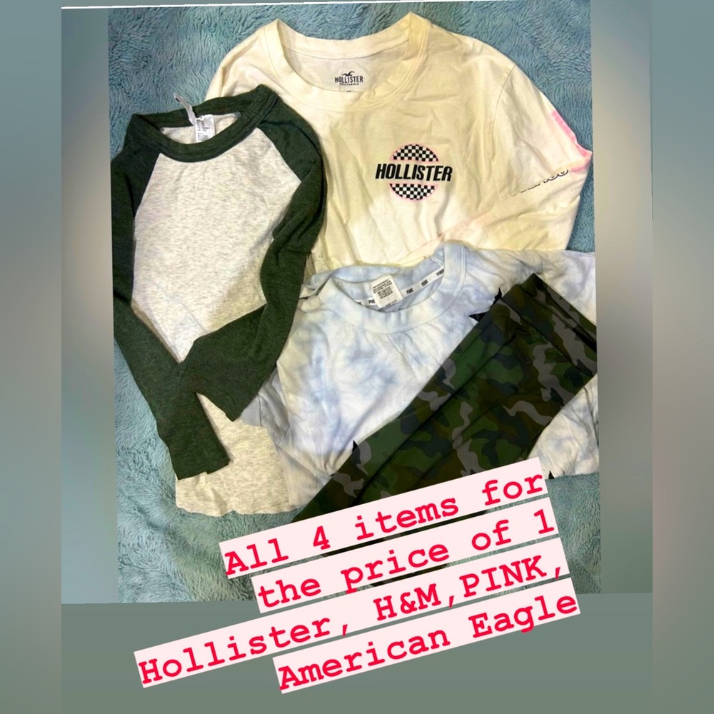 4 forprice of 1. All XS top Hollister, H&M, PINK, cycling shorts-America eagle